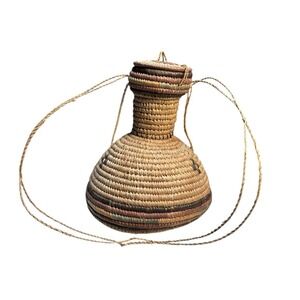 Vintage‎ Native American Coiled Basket w/ Lid & Straps 14x12" Olla Style